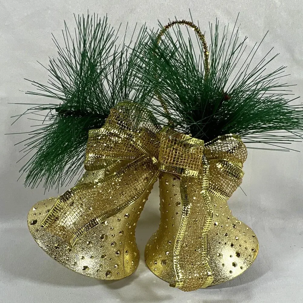 Vintage Gold Double Bumpy Bell Christmas Hanging Bow Pine Needles Greenery